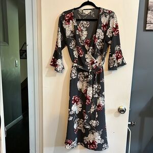 Black and Pink Wrap Dress with Bell Sleeves